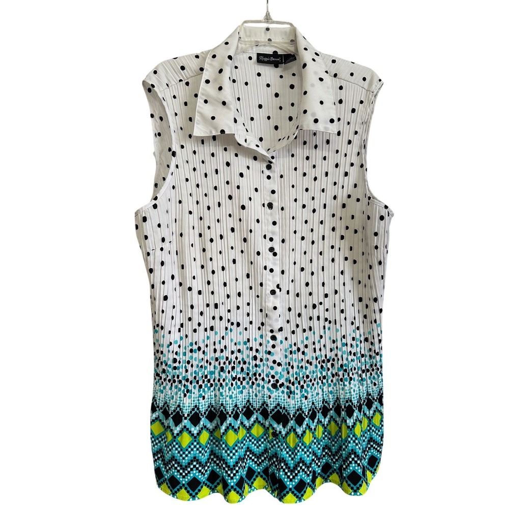 Maggie Barnes Plus‎ Sz 4X Sleeveless Pleated Polka Dot Geometric Print Shirt Top